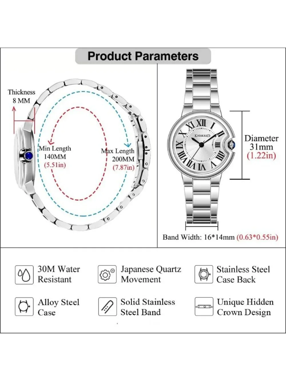 Women's Black Silver Roman Numerals Solid Vintage Stainless Steel Band Watch